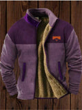 Men's Contrast Color Stand Collar Zip Up Fleeced Coats