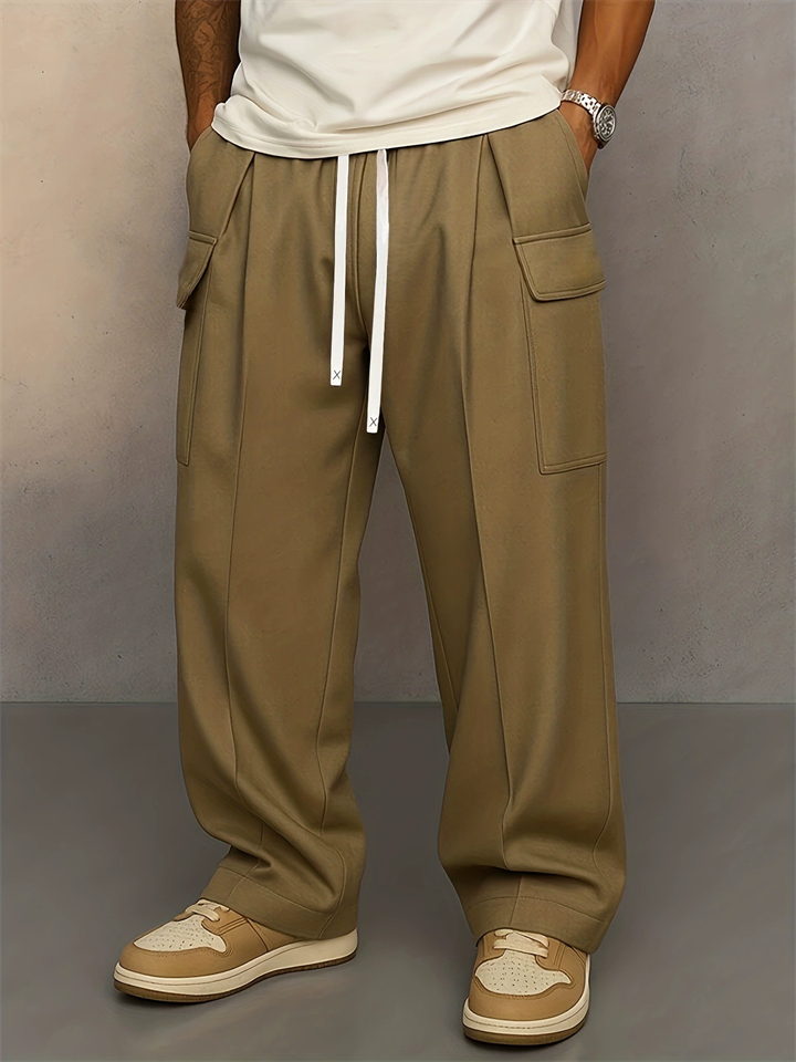 Mens American Style Drawstring Multi Pocket Wide Leg Cargo Pants