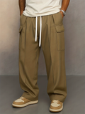 Mens American Style Drawstring Multi Pocket Wide Leg Cargo Pants