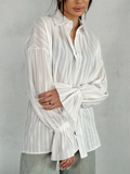 F‌rench Style White Striped Jacquard Loose Fit Button-up Blouses for Women‌