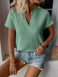 Simple Vertical Stripe V Neck Short Sleeve Shirt for Women