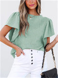 Women's Round Neck Solid Color Striped Lotus Sleeve Shirts