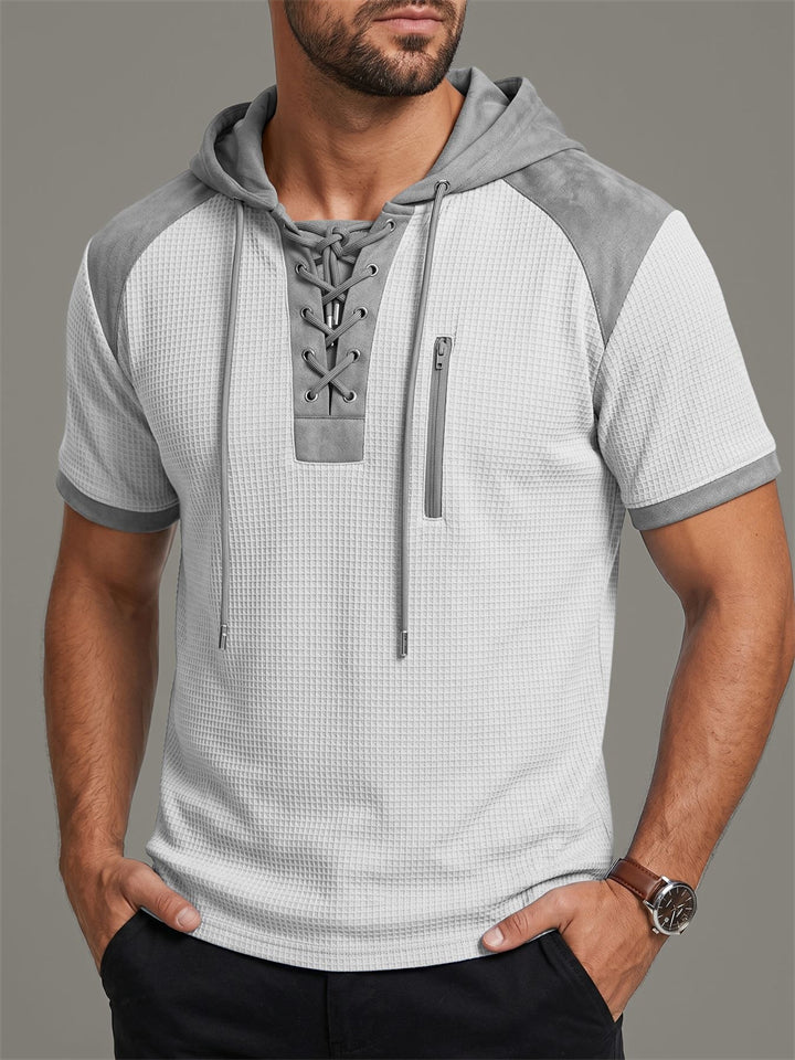Men Waffle Knit Hooded Lace Up Short Sleeve Casual Shirt