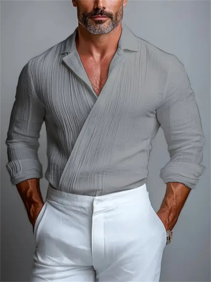 Men's Casual V Neck Pleated Slim Fit Long Sleeve Pullover Shirts