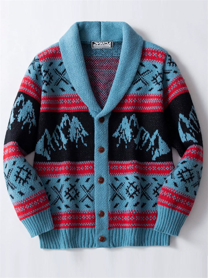 Male's Retro Autumn  Blue Jacquard Lapel Button Up Cardigan Sweaters