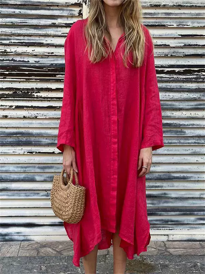 Women's Casual Holiday Style Solid Color Long Sleeve Maxi Shirt Dress