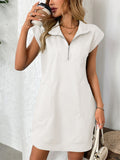 Women's Summer Solid Color Pockets Lapel Zip Above Knee Length Dress