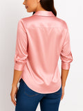 Ladies' Pink V Neck Zipper 3/4 Sleeve Satin Blouses