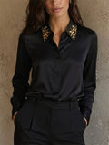 Women's Stylish Beaded Collar Satin Button Down Blouse