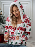 Women's Autumn Christmas Element Printed Fleece Long Sleeve Hooded Coat