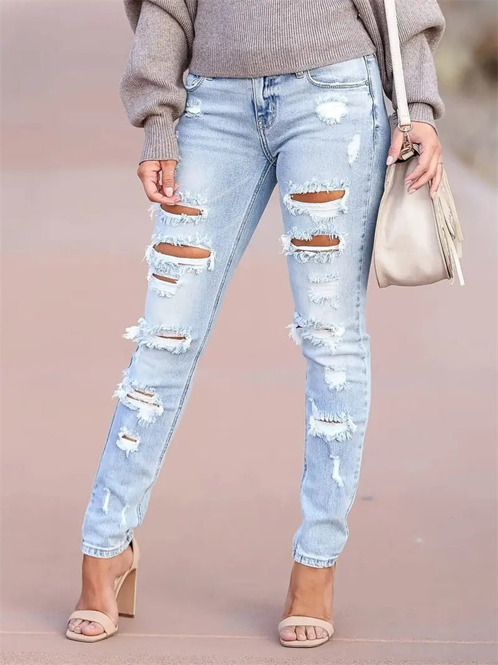Personality Slim Fit Ripped Light Blue Jeans for Ladies
