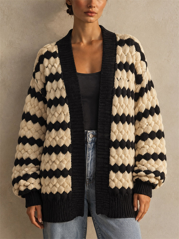 Women Chunky Knit Cardigan Black Beige Striped Open Front Sweater