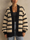 Women Chunky Knit Cardigan Black Beige Striped Open Front Sweater
