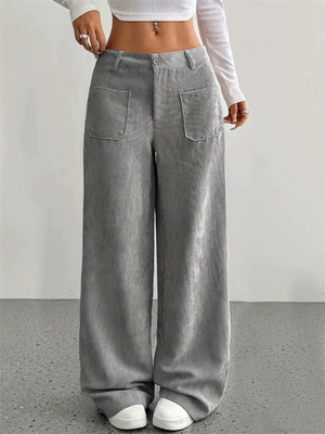 Women's Corduroy Solid Color Mid Rise Pockets Wide Leg Pants