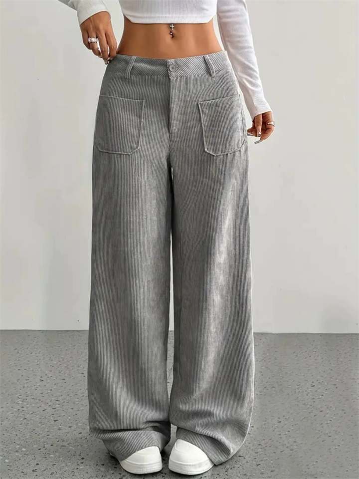 Women's Corduroy Solid Color Mid Rise Pockets Wide Leg Pants