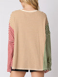 Multicolor Stripes Irregular Long Sleeve T-shirts for Women
