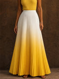 Women Elegant High Waist Ombre Gradient Pleated Maxi Skirt