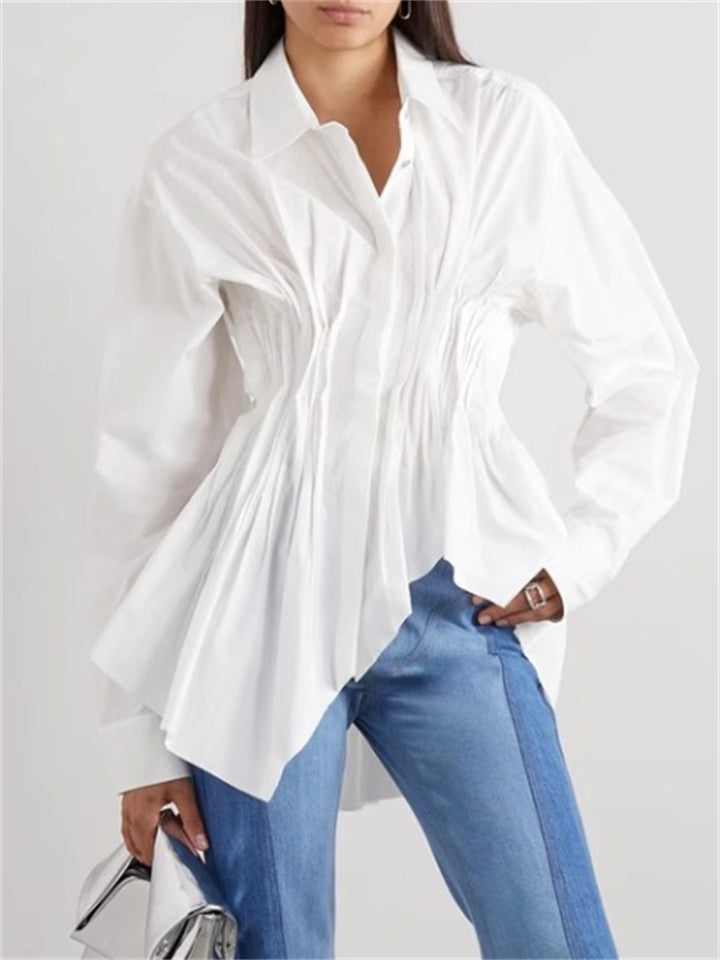 Women's Single Breasted Lapel Asymmetric Hem Long Sleeve Blouses