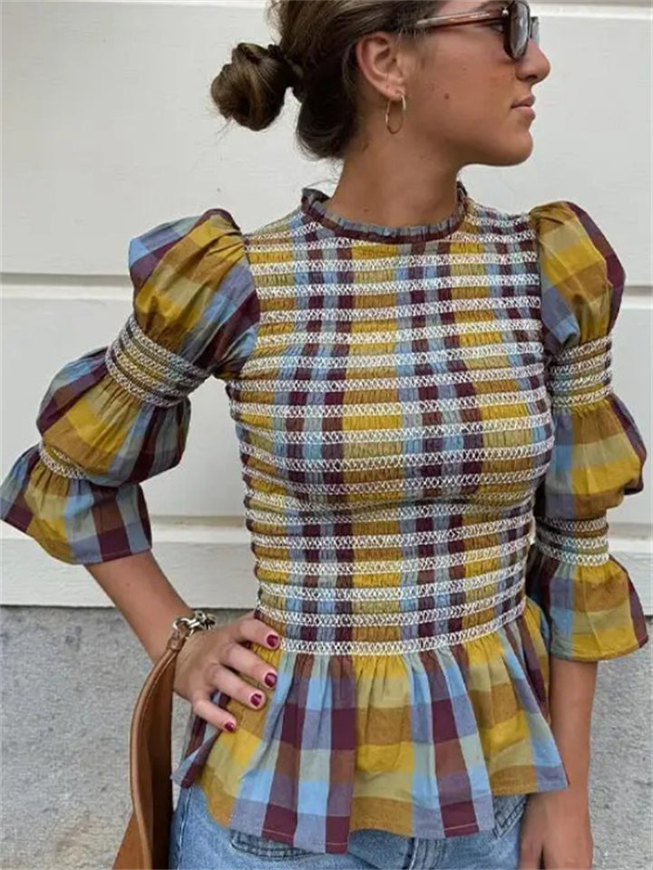 Women's Elegant Plaid Pleated Puffed Sleeve Blouses