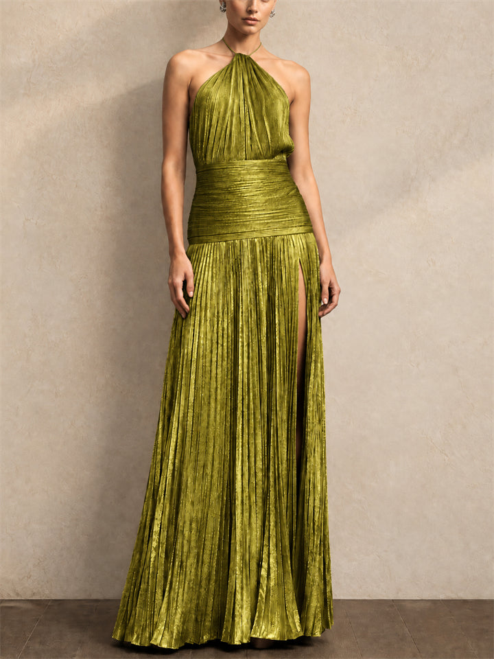 Women Metallic Pleated Halter Backless Slit Maxi Dress