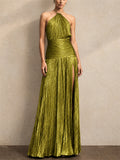 Women Metallic Pleated Halter Backless Slit Maxi Dress
