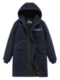 Men's Retro Solid Color Letter Print Fleece-lined Hooded Coat