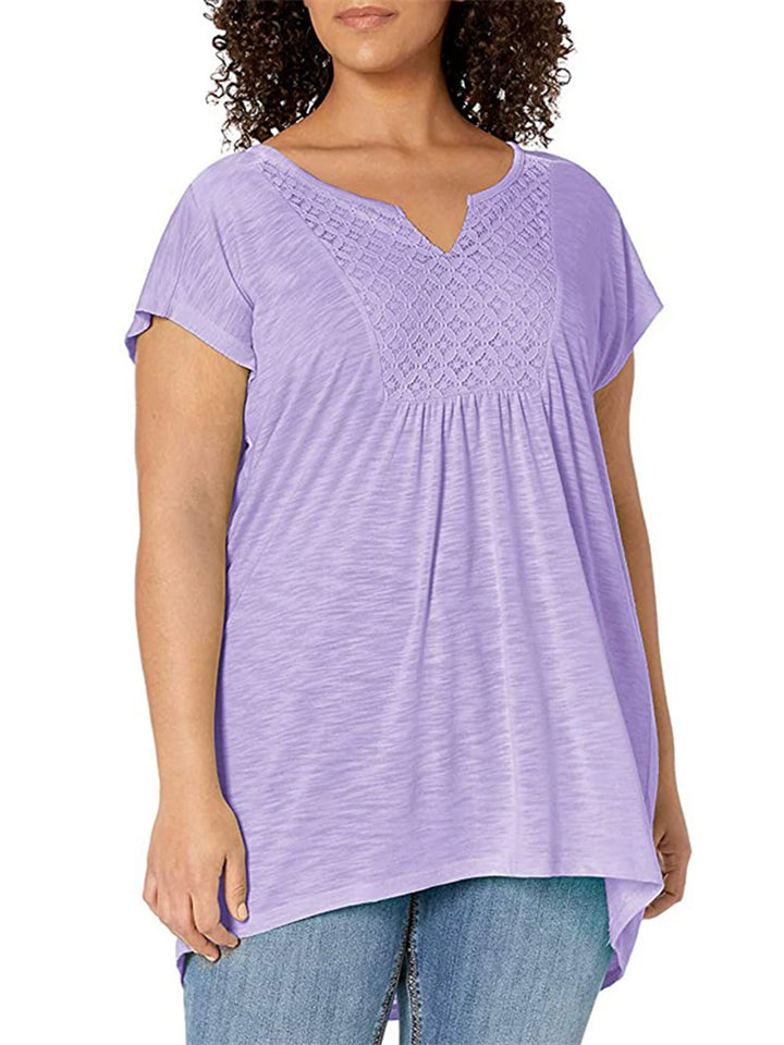 Plus Size Women's Summer Solid Color Big Hem V Neck T-Shirt