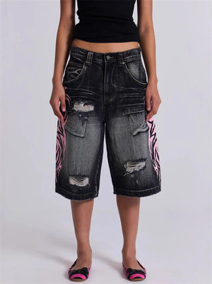 Women's Retro Black Contrast Color Ripped Jeans