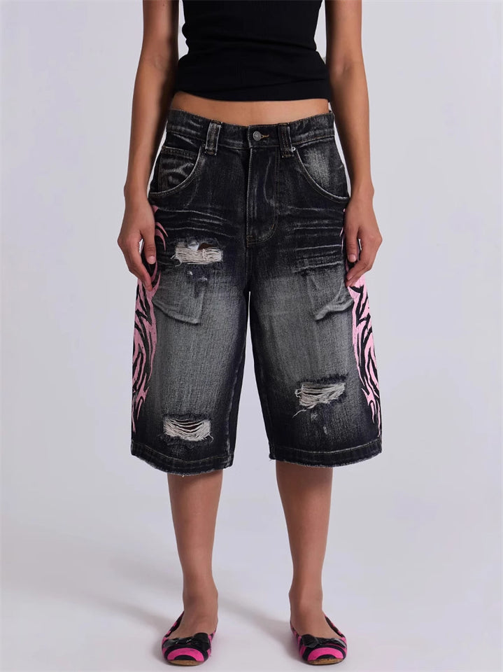 Women's Retro Black Contrast Color Ripped Jeans