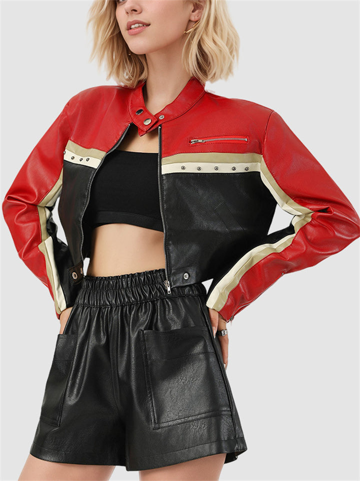 Women's Trendy Contrast Color Crop Motorcycle PU Coat