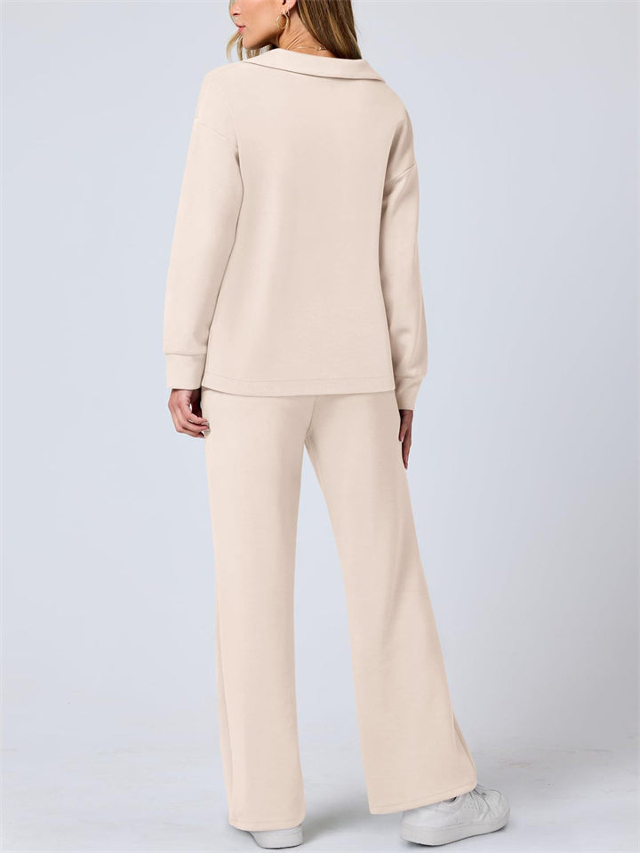 Women's Autumn Casual V Neck Lapel Long Sleeve Solid Color Outfit