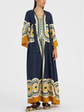 Women's Holiday Style Print Stand Collar V-neck 3/4 Sleeve Maxi Dress