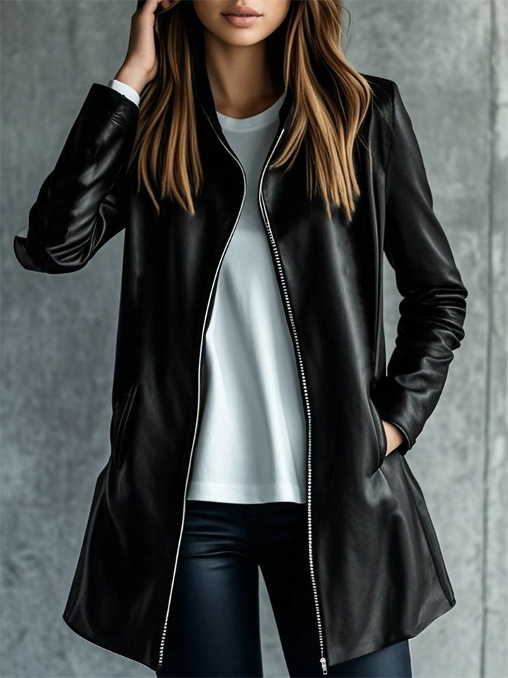 Women's Faux Leather All Black Zip Up Lapel Long Sleeve Coat