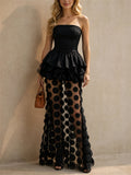 Womens Strapless Peplum 3D Applique Mesh Evening Gown Dress