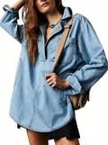 Women's Autumn Distressed Solid Color V Neck Pullover Denim Shirts