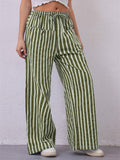 Women's Summer Contrast Color Striped Mid-Rise Drawstring Wide Leg Pants