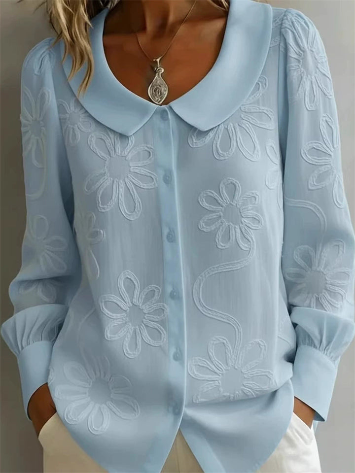 Women‘s Casual Floral Embroidered Peter Pan Collar Long Sleeve Blouse