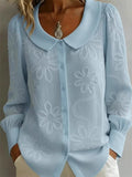 Women‘s Casual Floral Embroidered Peter Pan Collar Long Sleeve Blouse