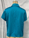 Women's Elegant Satin Blue Solid Color V Neck Lapel Short Sleeve Blouses