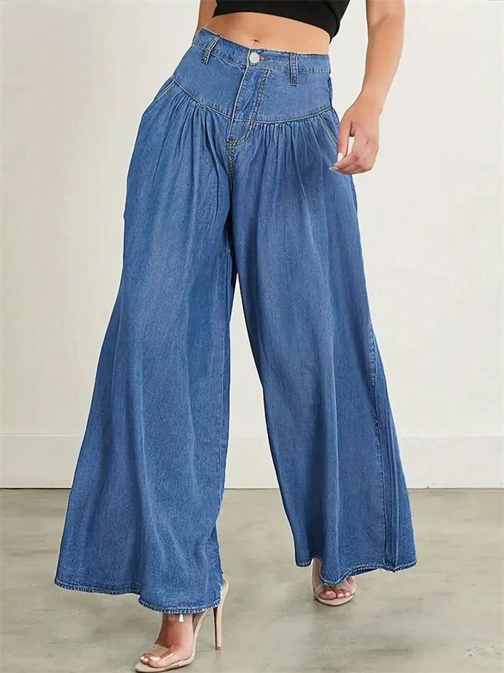 Women's Trendy Blue Solid Color Wide Leg Flared Denim Pants
