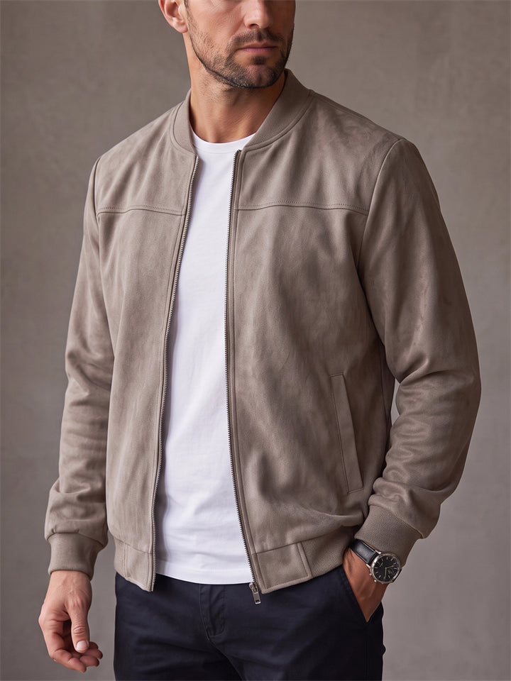 Men Faux Suede Bomber Jacket Zip Up Casual Lightweight Coat