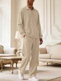 Men's Casual Solid Color Textured Jacquard Drawstring Polo Sweatshirts & Sweatpants Outfit