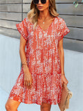 Women's Summer Printed Chiffon V Neck Ruffled Sleeve Dress