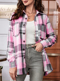 Sweet Pink Plaid Long Sleeve Button Blouse for Women