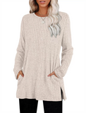 Women's Autumn Loose Round Neck Pockets Split Hem Long Sleeve Shirts