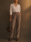 Womens High Waisted Pleated Straight Leg Plaid Work Pants