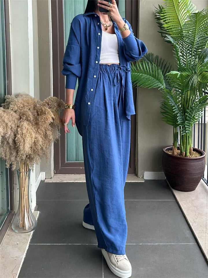 Women's 2Pcs Casual Solid Color Button Up Long Sleeve Shirt & Pants Set