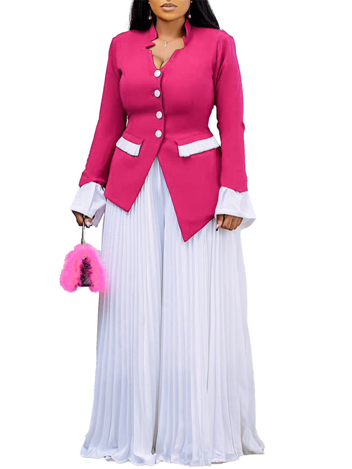 Women's Long Sleeve Flared Sleeve Blouse and Pleated Wide-leg Pants Suit