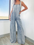 Female Retro Washed Wide Leg Raw Edge Jumpsuits