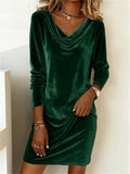 Autumn Women's Velvet Long Sleeve Cowl Neck Shift Dress